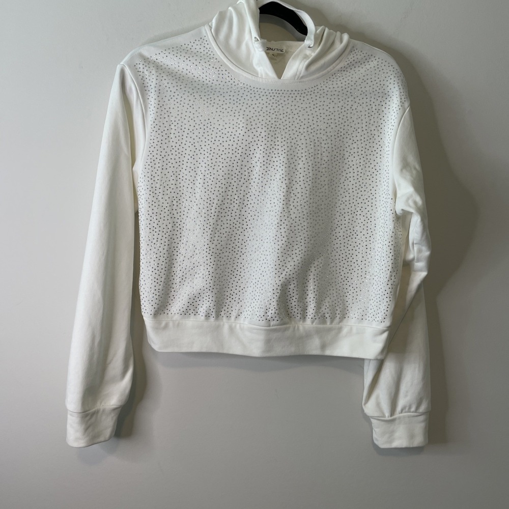 Main Strip Cropped Hoodie Women S White Sparkle Rhinestone Sweatshirt